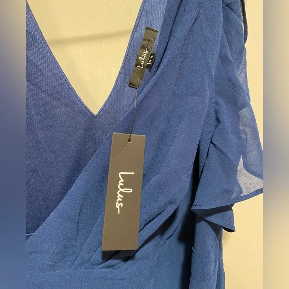 Lulu’s Ravishing Charm Dark Blue Ruffled Wrap High-Low Maxi Dress - Picture 11 of 15